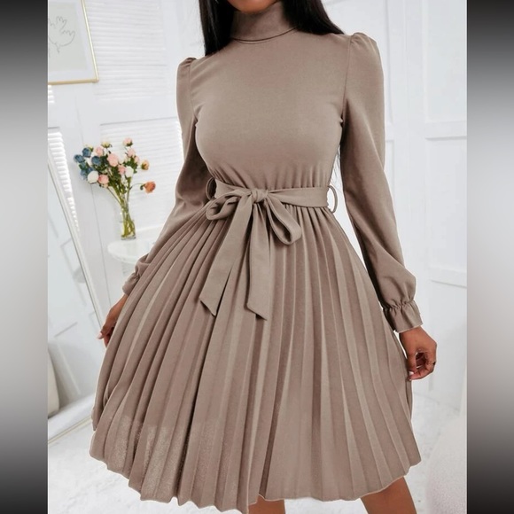 Luxe turtleneck flounce sleeve pleated dress - Picture 16 of 16